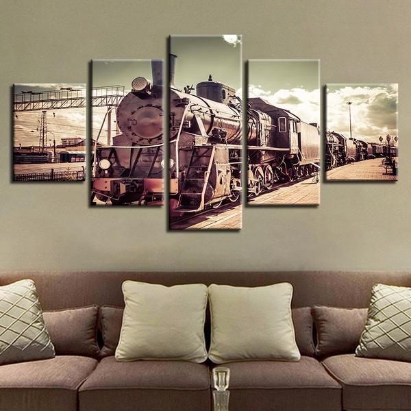 Vintage Railroad Locomotive Train Modular Automative 5 Panel Canvas Art Wall Decor