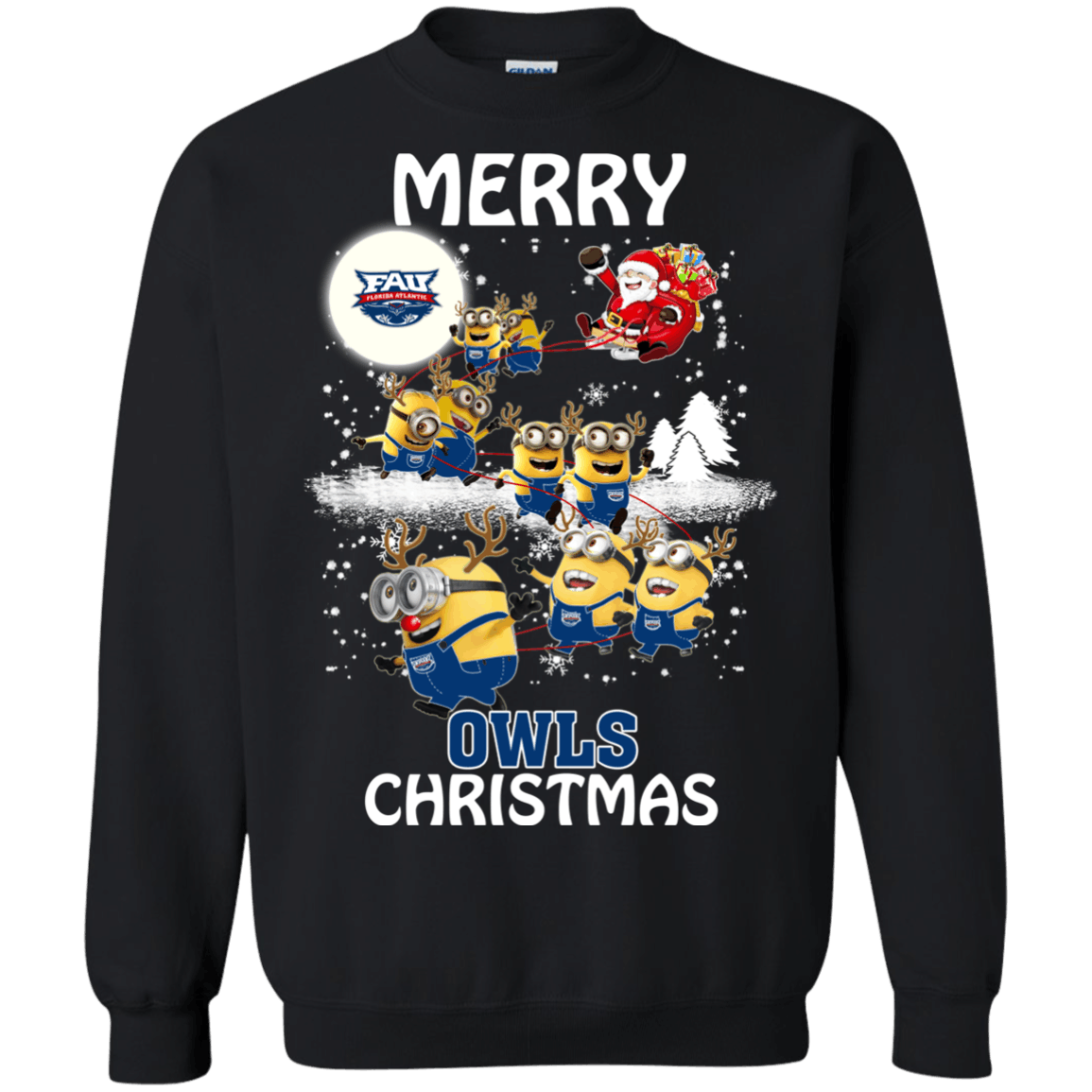 Remarkable Florida Atlantic Owls Minion Ugly Christmas Sweaters Santa Claus With Sleigh Hoodies Sweatshirts