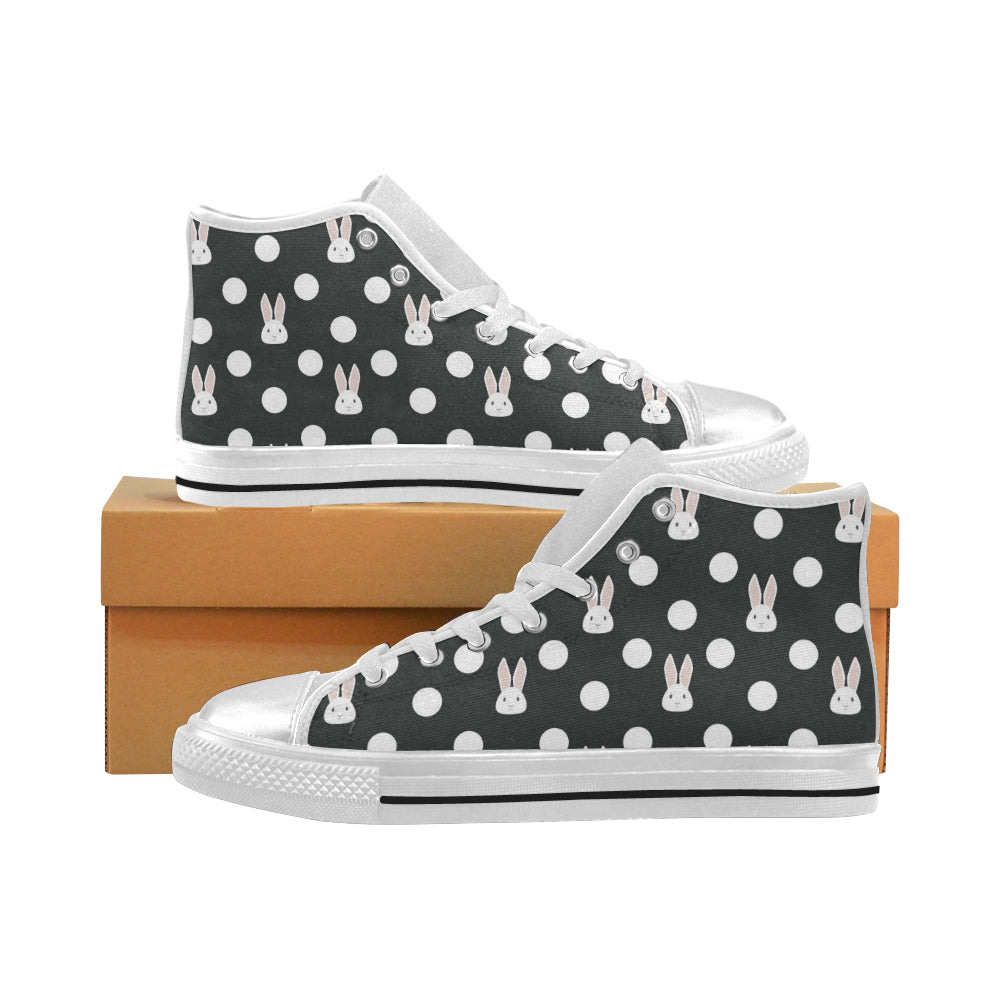 Cute White Rabbit Polka Dots Black Background Women’S High Top Canvas Shoes White Gift For Men Women