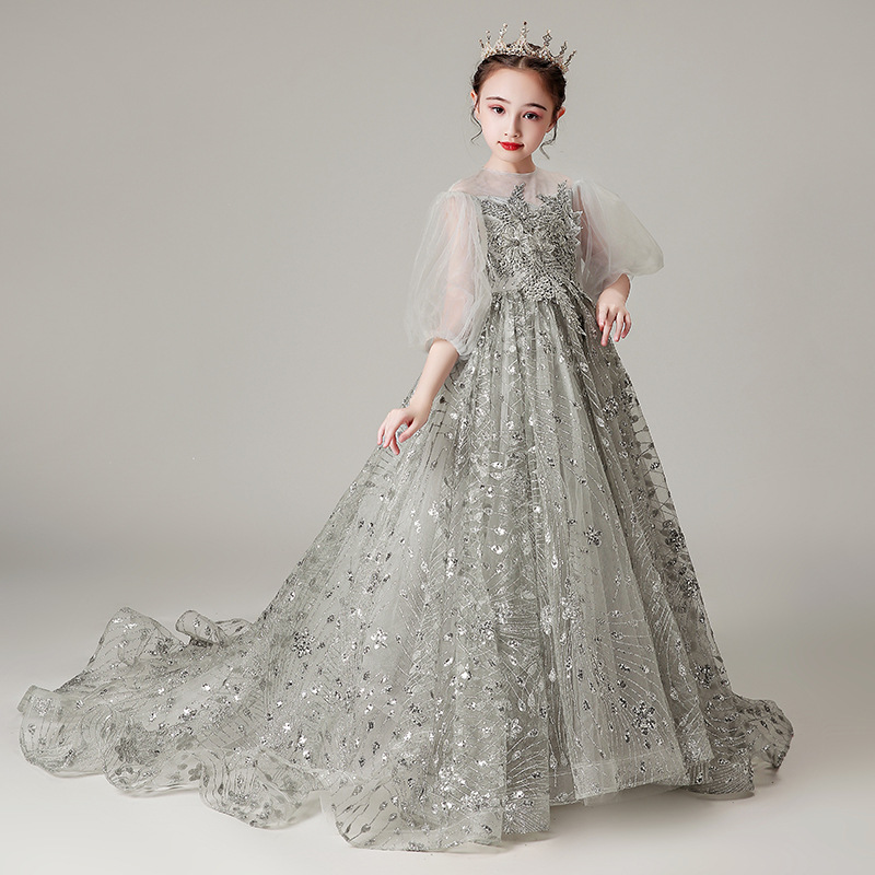 2021 Luxury Children Lace Appliques Evening Gown Wedding Birthday Party Princess Kids Piano Host Dresses For Girl Vestidos 14Y alx