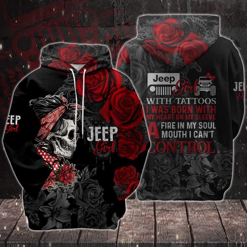 Skull Jeep Girl With Tattoo Rose Hoodie 3D