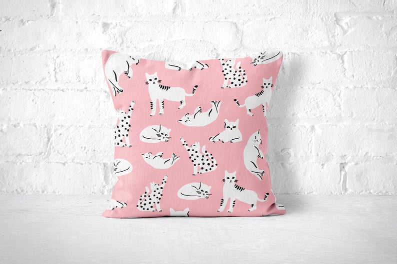 Cat Throw Pillow, Pink Throw Pillow With Cats, Pink Home Decor, Cute Cat Throw Pillow