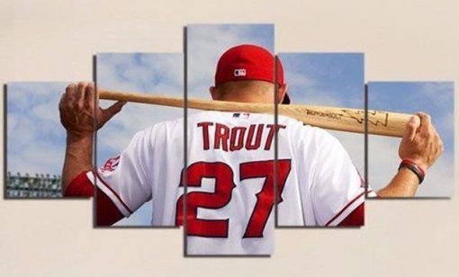 Mike Trout 27 Of Los Angeles Angels Team Baseball 5 Panel Canvas Art Wall Decor