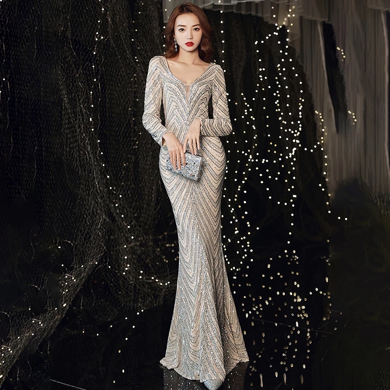 2022 Evening Dresses Lace V-Neck Full Sleeves Sequins Elegant Mermaid Floor-length Simple New Plus size Women Formal Party Dress alx