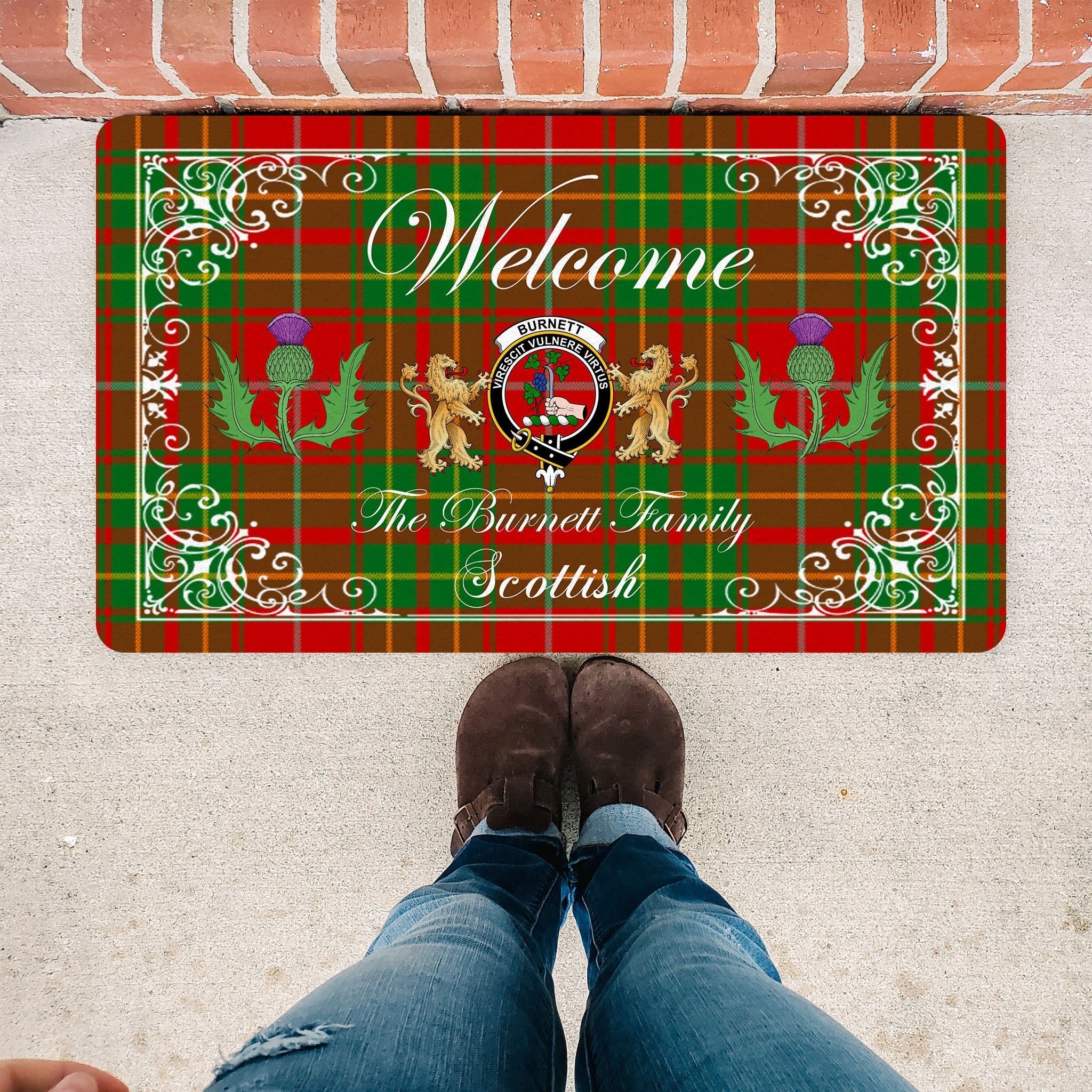 Scotstee Shop Tartan Door Mats Clan Burnett Ancient Badge Tartan Thistle And Two Lion Scottish Plaid Doormat, Christmas Door Mat Gift