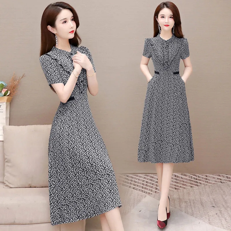 Vintage Long Sleeve Floral Dress Women 2021 Spring Elegant Slim Waist Mid-Length Party Dress Fashion Casual Print A-Line Dresses alx