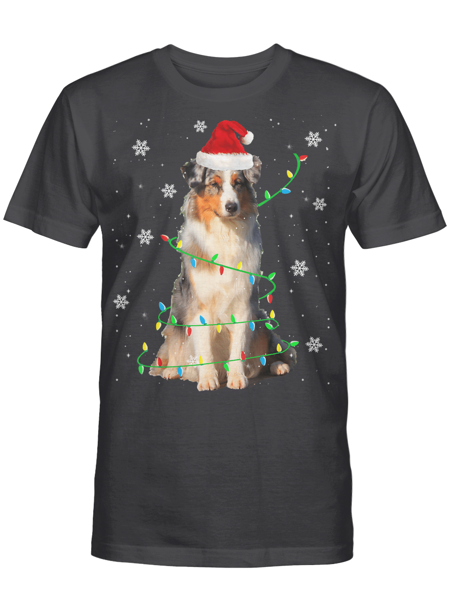 AmazeStyleZ Santa’s Reindeer, Ugly Christmas Sweater, Christmas Gift Ideas, Australian Shepherd Christmas Light Cute Santa Dog Pajama T-Shirt