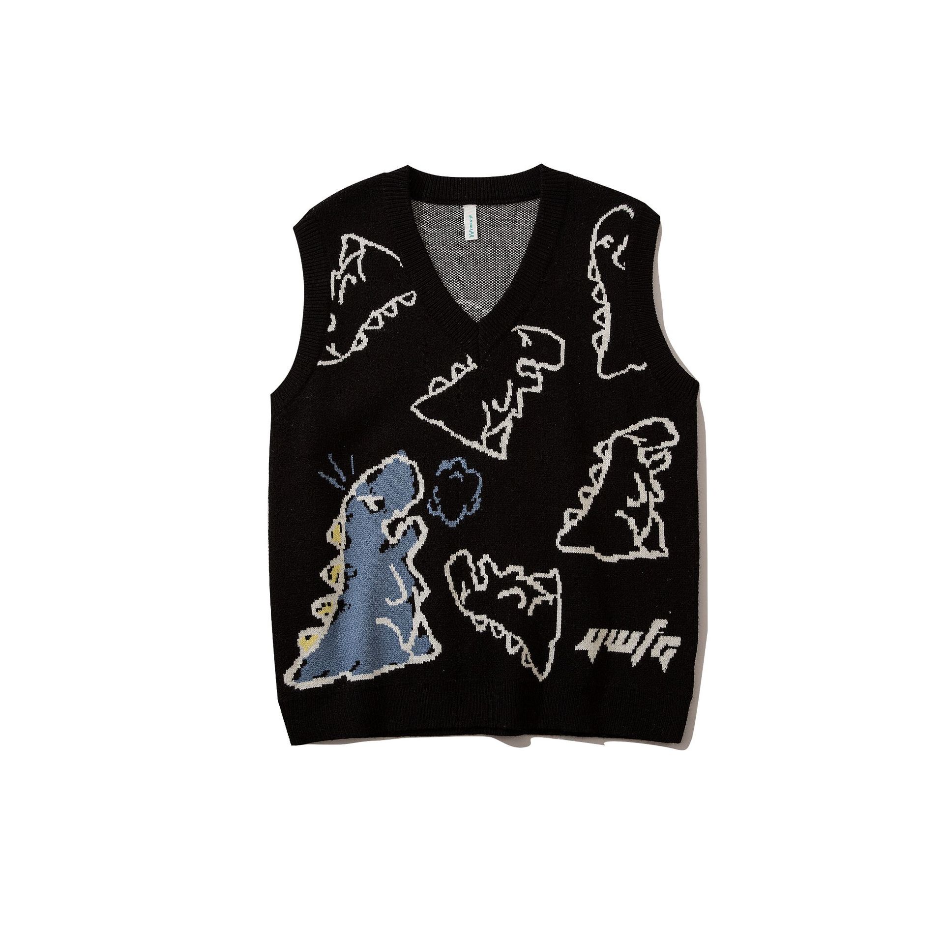 Autumn Winter Ins Fashion Sweater Vest Men Oversized V-neck Cartoon Dinosaur Printed Couple Knitwear Sleeveless Sweater Tops alx