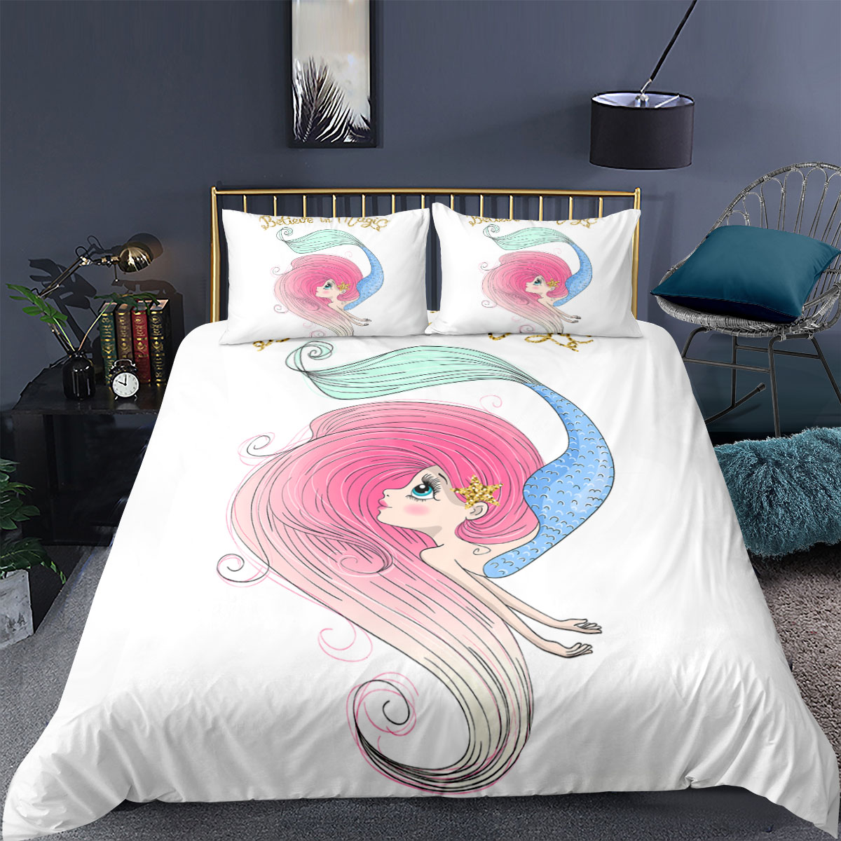 Carton Mermaid 3D Bedding Set Deluxe Down Duvet Covered Pillowcase Home Decorative Bedding