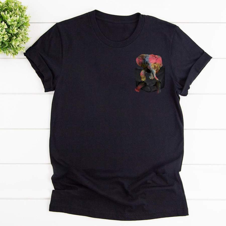 Tiny Elephant In Pocket Black Cotton T Shirt For Men and Women S-6XL