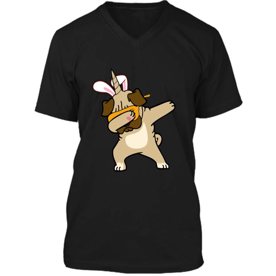 Easter Bunny Dabbing Pug Dog Pugicorn Tshirt Unicorn Tee Mens Printed V-Neck T