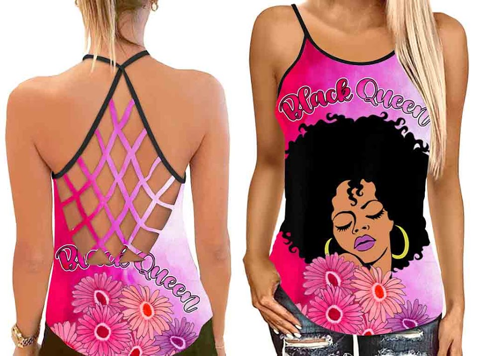 Black Queen Love Flowers Tank Top Shirt Women – Criss Cross Open Back Camisole Tank