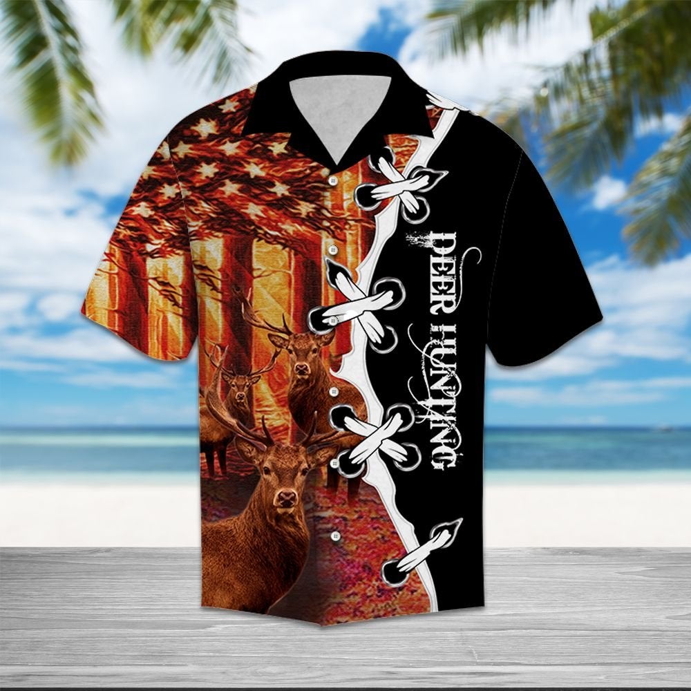 Deer Hunting Flag Forest Hawaii Unisex Print Aloha Short Sleeve Casual Shirt Ha3139