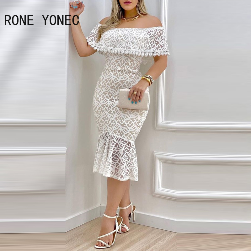 Women Solid Chic Off Shoulder Ruffle Hem Lace Hem Bodycon Sexy Formal Party Dress alx