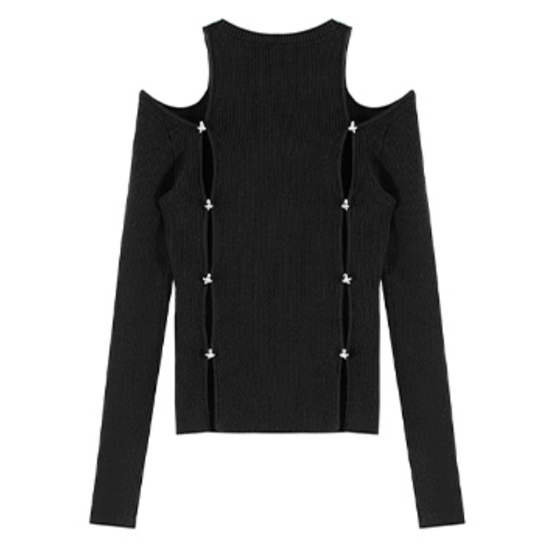 Vintage Hollow Backless Sexy Slim Long-sleeved Sweater Women 2022 Autumn New O-neck Fashion All-match Black Knitted Tops alx