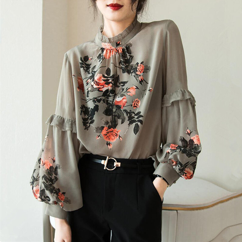 Women Shirts Blouses Vintage Chiffon Blouse Long Sleeve Floral Top Korean Style Elegant Plus Size Shirt Blusas De Mujer Feminina alx