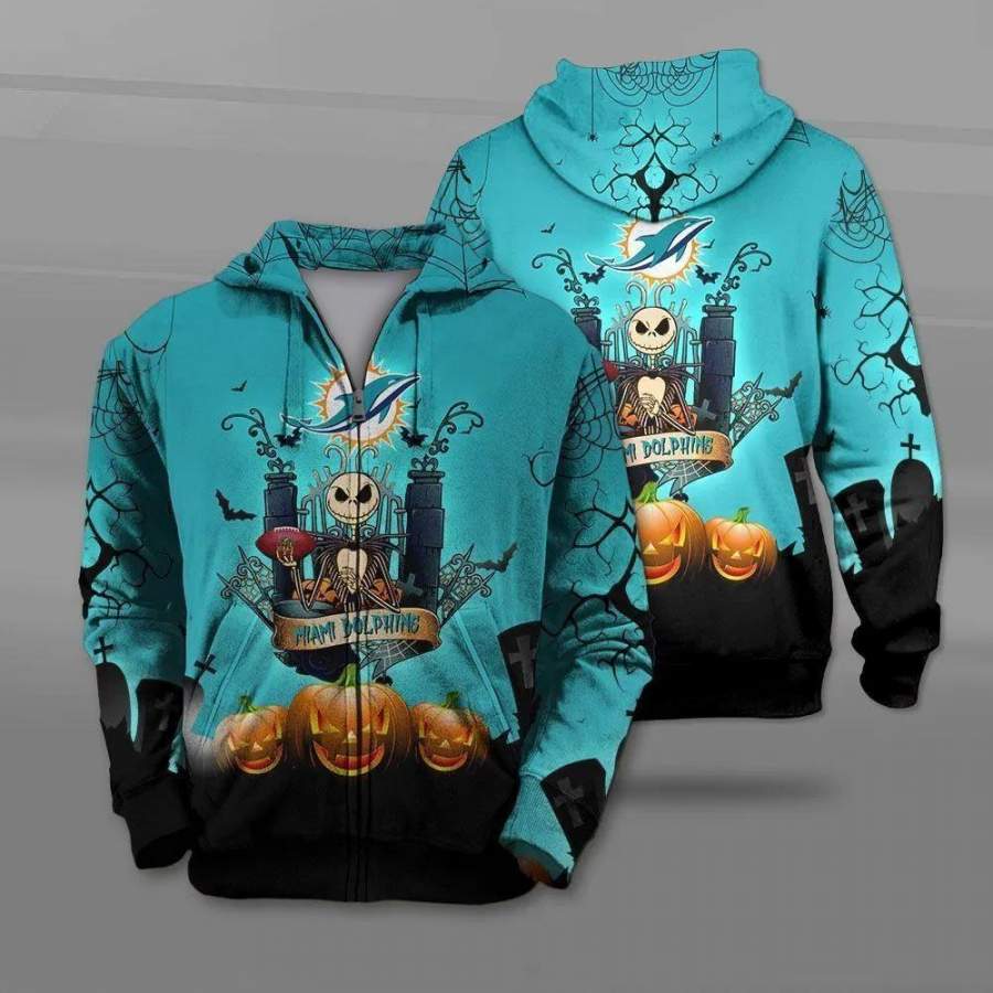 Miami Dolphins Jack Skellington Halloween Zip Up Hoodie Unisex 3D All Over Print