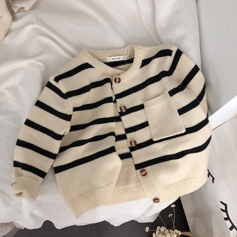 Children’s Knitted Sweater New Autumn Boy Girl Classic Striped Cardigan Baby Round Neck Sweatshirt Kids Soft Suit Clothes 2-9Y alx