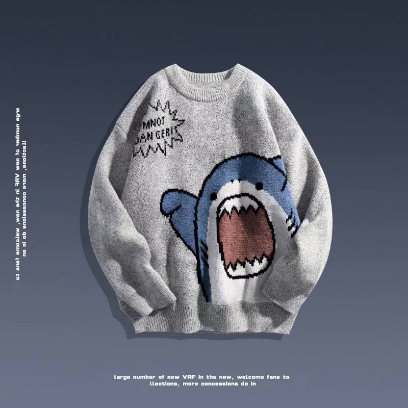 ZAZOMDE Couple Sweater Cartoon Shark Casual Loose Hip Hop Knit Pullover Autumn Winter Oversized Sweater Unisex Pullover Tops Men alx