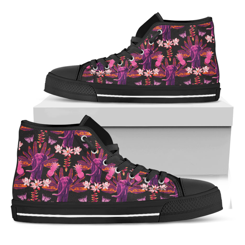 Purple Tropical Elephant Pattern Print Black High Top Shoes