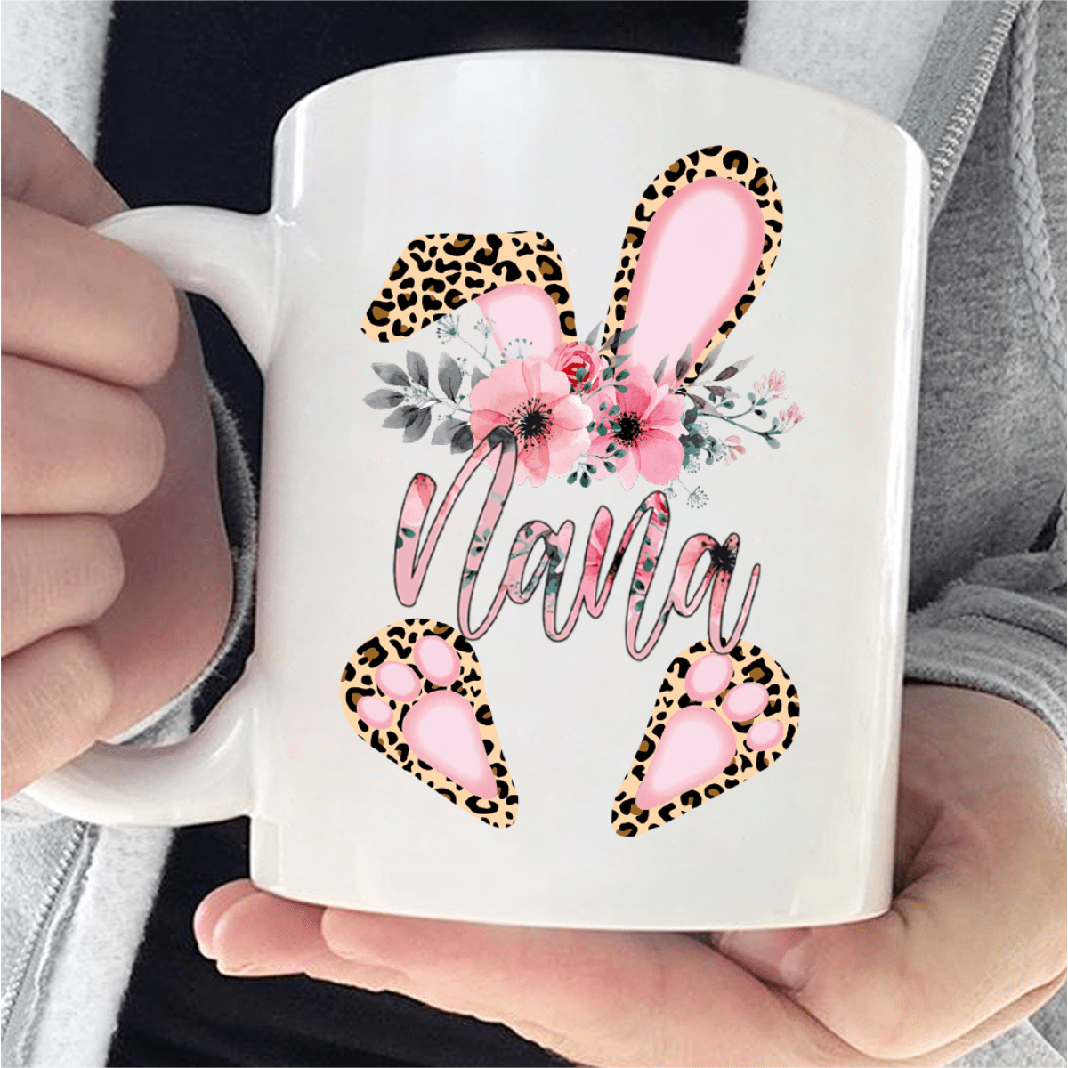 Personalized Happy Easter Leopard Bunny Custom Name Coffee Mug #V