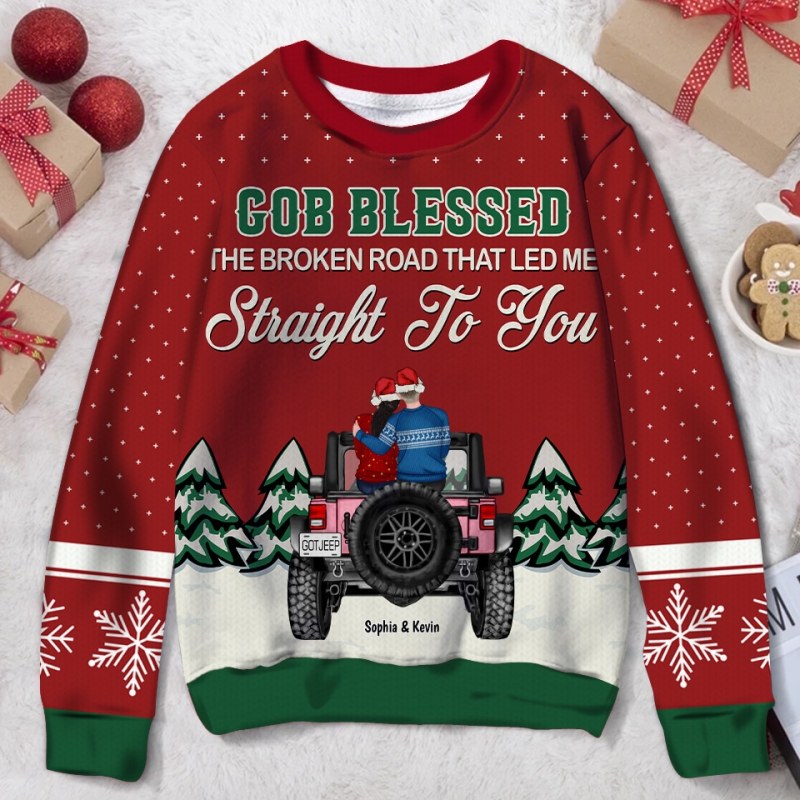 God Blessed The Broken Road That Led Me Straight To You, Personalized Off-Road Car Couple Ugly Christmas Sweater, Gift For Jeep Couple, Jeep Lover