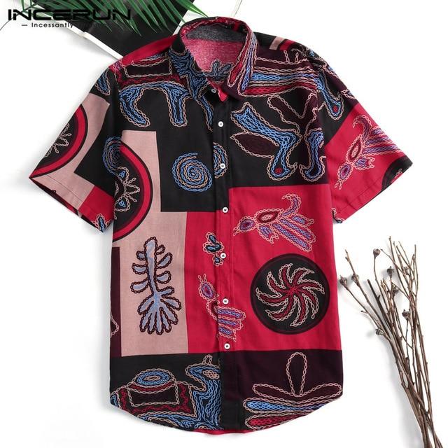 Vintage Men Shirt Short Sleeve Lapel Neck Retro Casual Beach Shirts Fashion Cotton Print Men Hawaiian Shirts