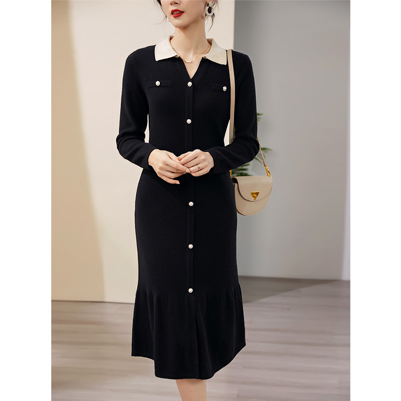 Thickened Wool Knitted Dress with Extra-long Knee-length Cardigan Dress Autumn and Winter 2022 French Design Little Black Dress alx