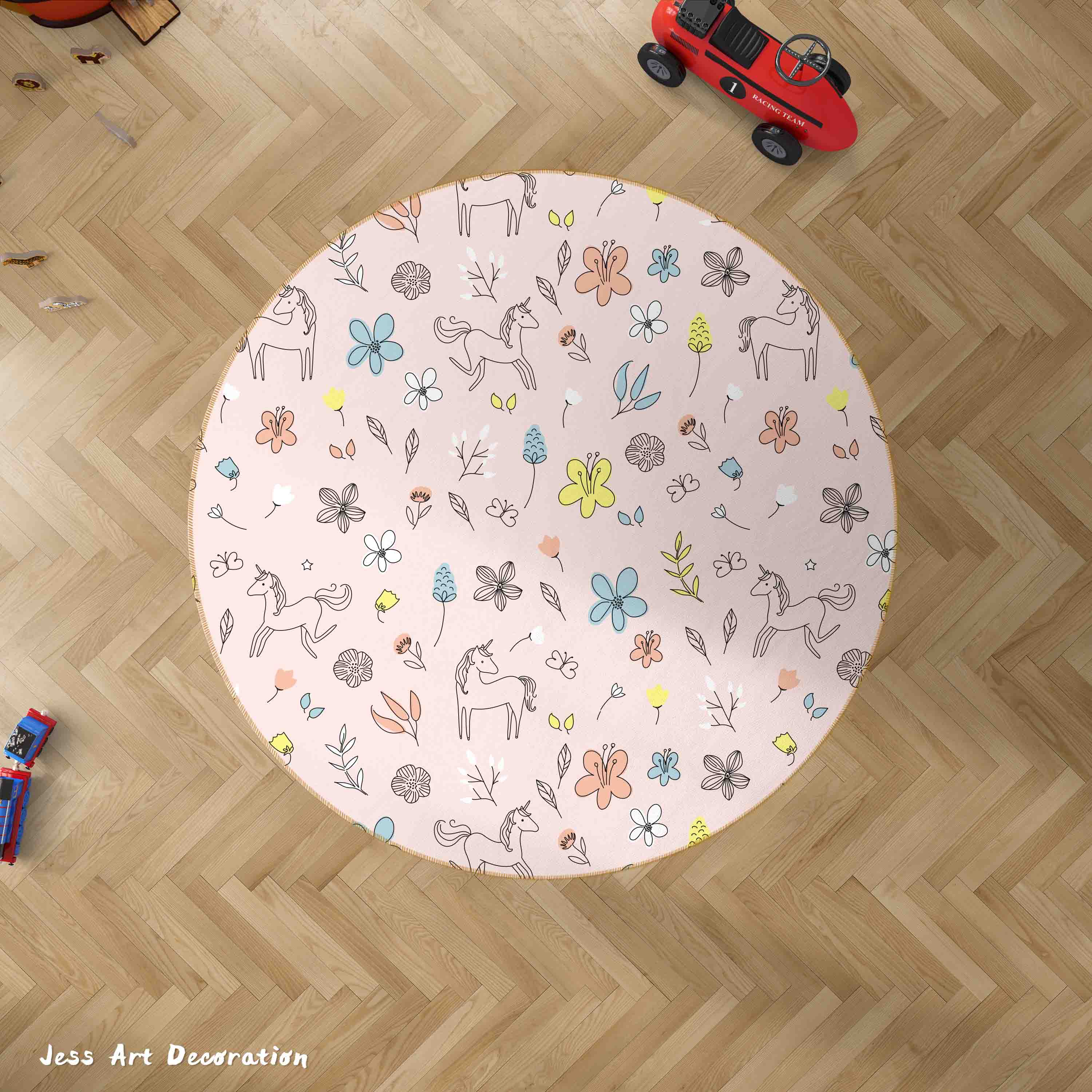 3D Cartoon Animal Unicorn Pink Floral Kids Non-Slip Round Rug Mat 20