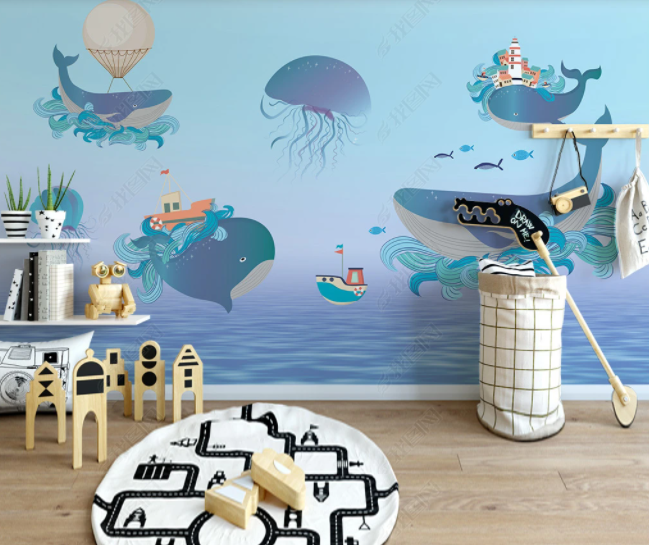 3D Cartoon Whale Jellyfish Wall Mural Wallpaper Sww 93