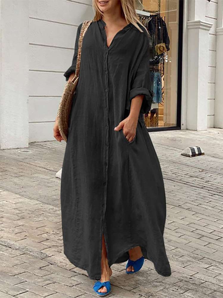 ZANZEA Fashion Women Single Breast Sundress Autumn 2022 Long Sleeve Maxi Dress Casual Loose Solid O Neck Long Robes Retro Dress alx