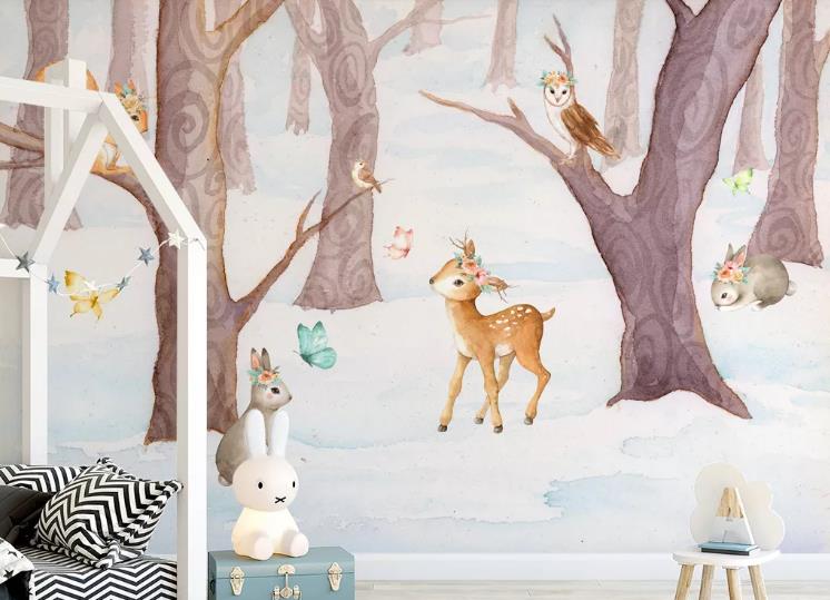 3D Cartoon Forest Animal Deer Rabbit Wall Mural Wallpaper Lqh 464