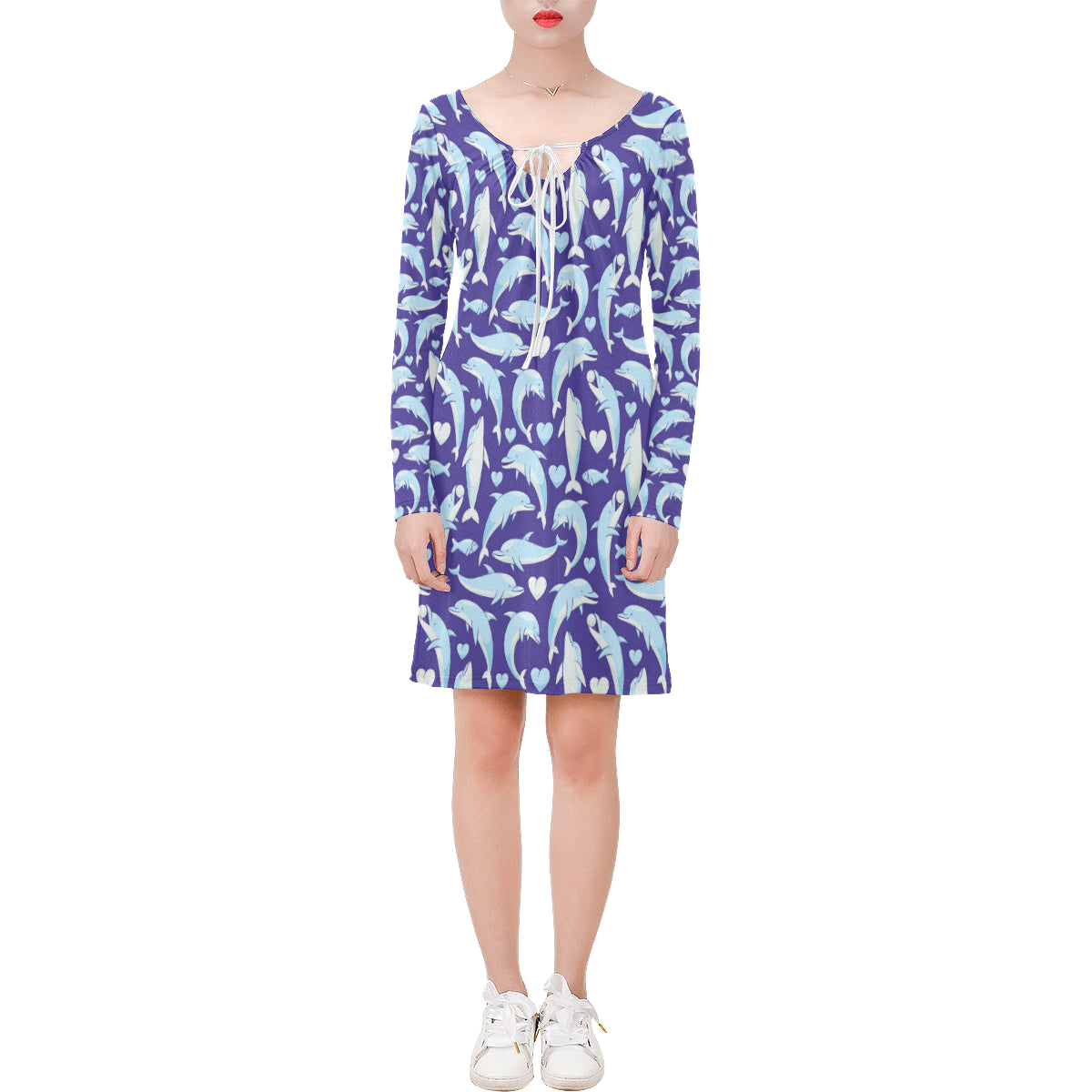 Dolphin Smile Print Pattern Long Sleeves Dress