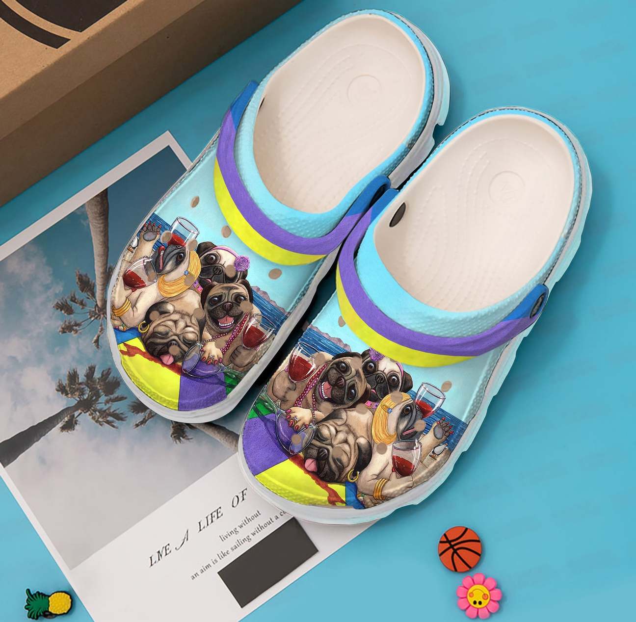 Pug Personalized Clog, Custom Name, Text Pugs On The Beach, Fashion Style For Women, Men, Kid, Print 3D