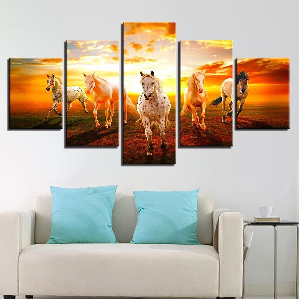 Sunset And Horses Animal 5 Panel Canvas Art Wall Decor