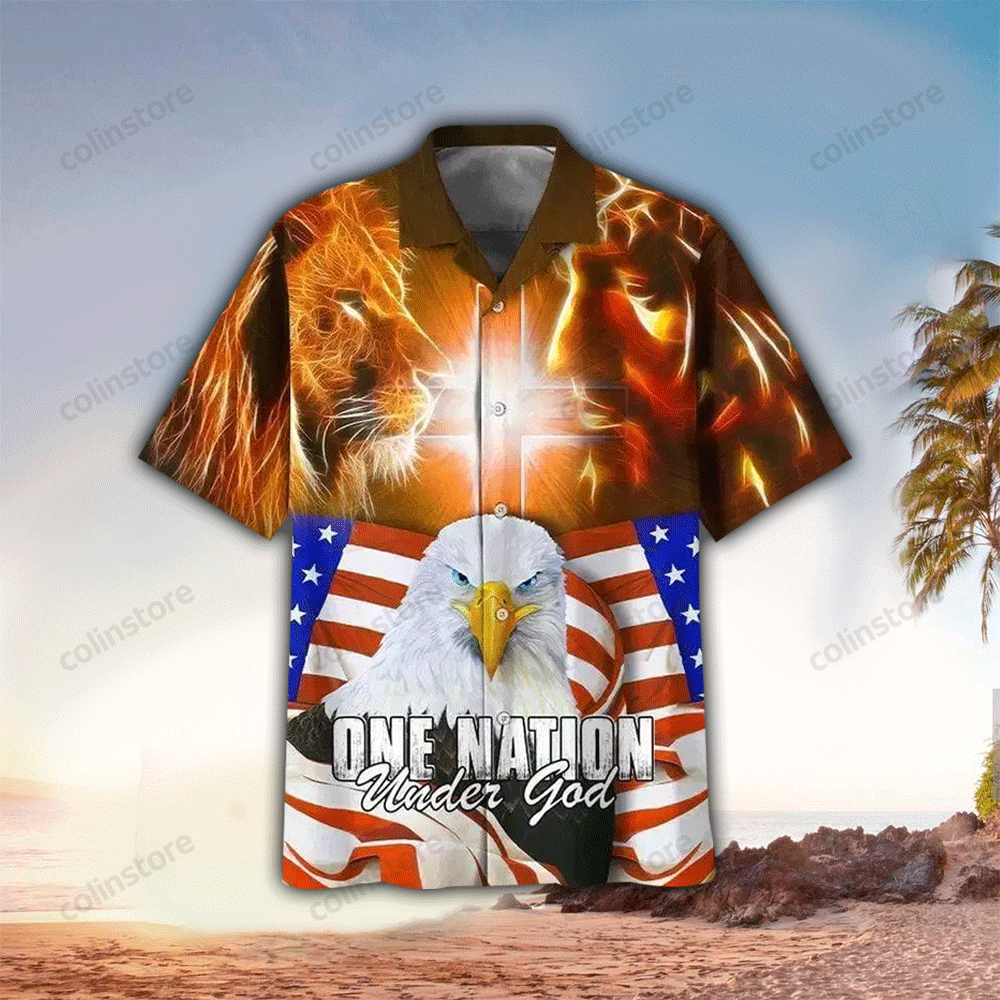 One Nation Under God Lion Eagle Jesus Hawaii Shirt Aloha Ha97862