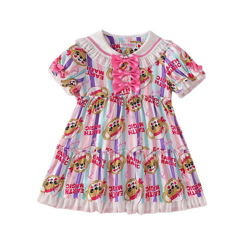 Baby Girl Dress 2022 New EM Same Style Summer Short-Sleeved Children’s Princess Dress Cute Bear Full Print Trend Brand alx