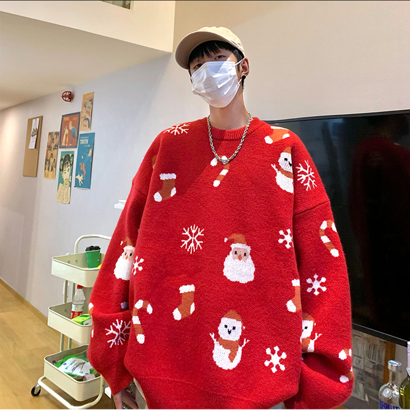 ZAZOMDE Men Oversized Christmas Sweater 2022 Mens Red Korean Fashion Knitted Sweater Man Harajuku Vintage Santa Claus Pullovers alx