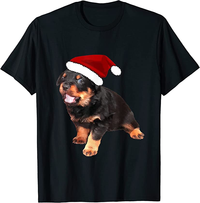 Cute Rottweiler Puppy Wearing Cartoon Santa Hat T-Shirt