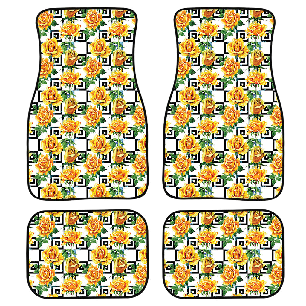 Yellow Watercolor Rose Print Front And Back Car Floor Mats, Front Car Mat