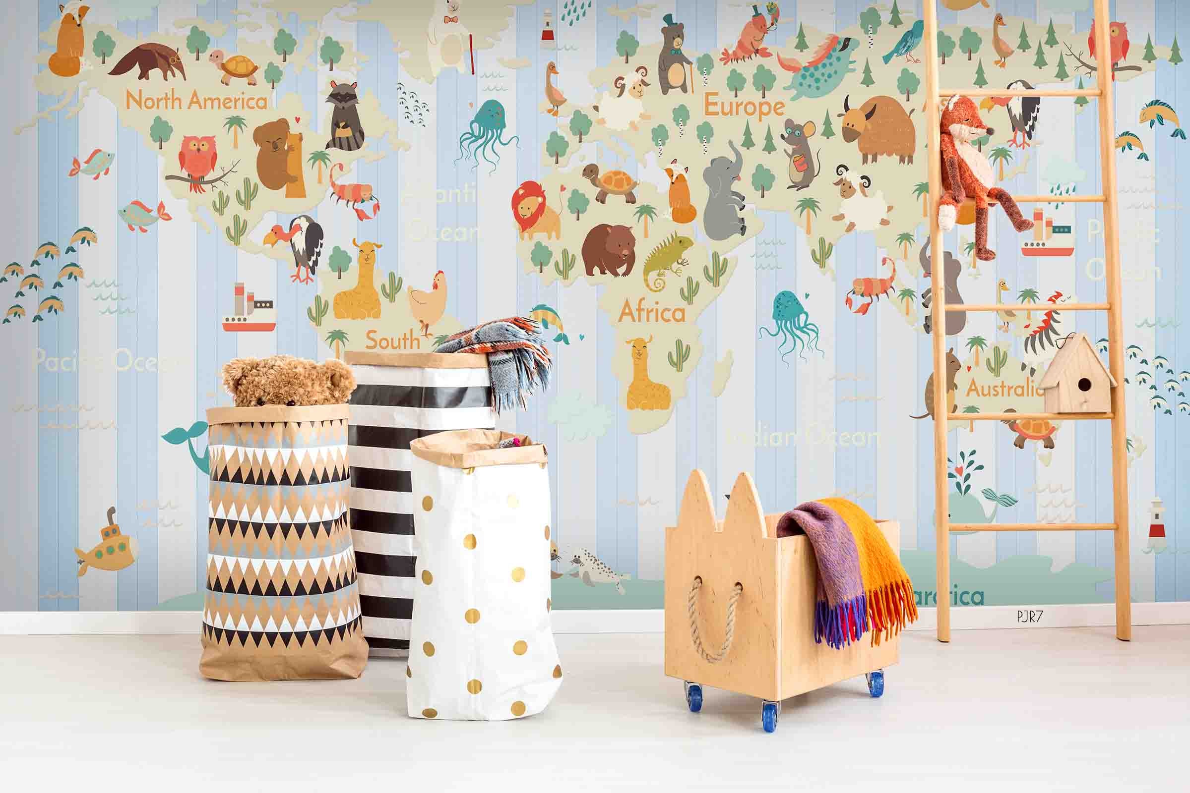 3D World Map Cartoon Animal Wall Mural Wallpaper Wj 6722