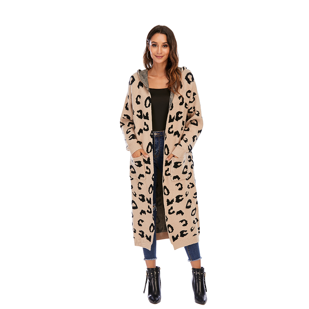 CGYY Women Leopard Print Long Sleeve Knittd Cardigan Open Front Autumn Winter Sweater Outwear Coat with Pocket alx