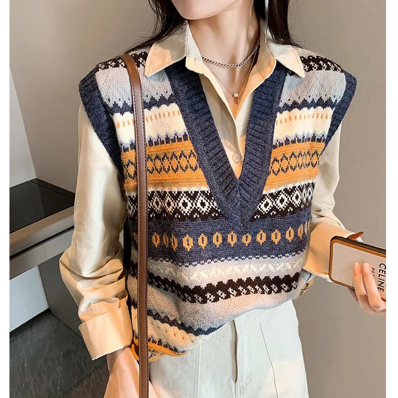 Vintage Argyle V-neck Knitted Sweater Vest Women Loose Sleeveless Sweater Pullover Autumn Korean Casual Oversized Knit Waistcoat alx