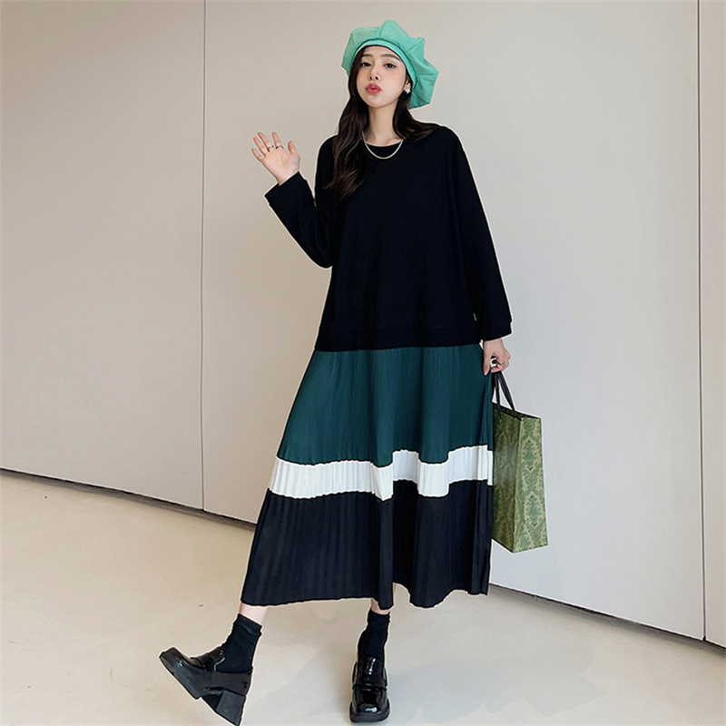 2022 autumn/winter new long style splicing color collision pleated long-sleeved dress alx