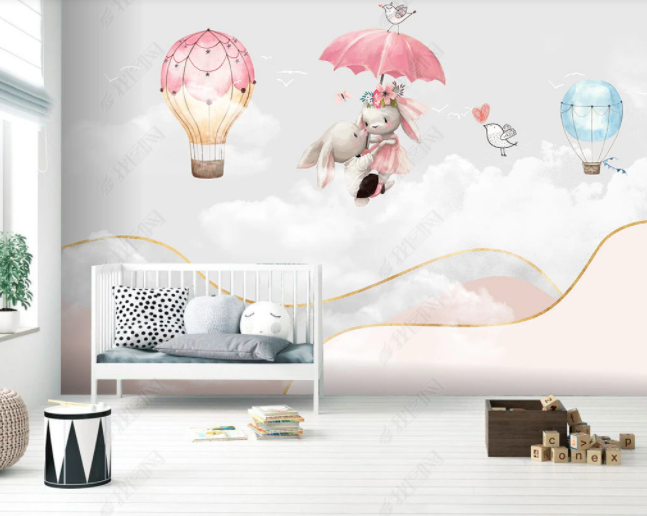 3D Hand Drawn Sky Cloud Hot Air Balloon Umbrella Animal Rabbit Bird Floral Golden Line Wall Mural Wallpaper Lll 2805