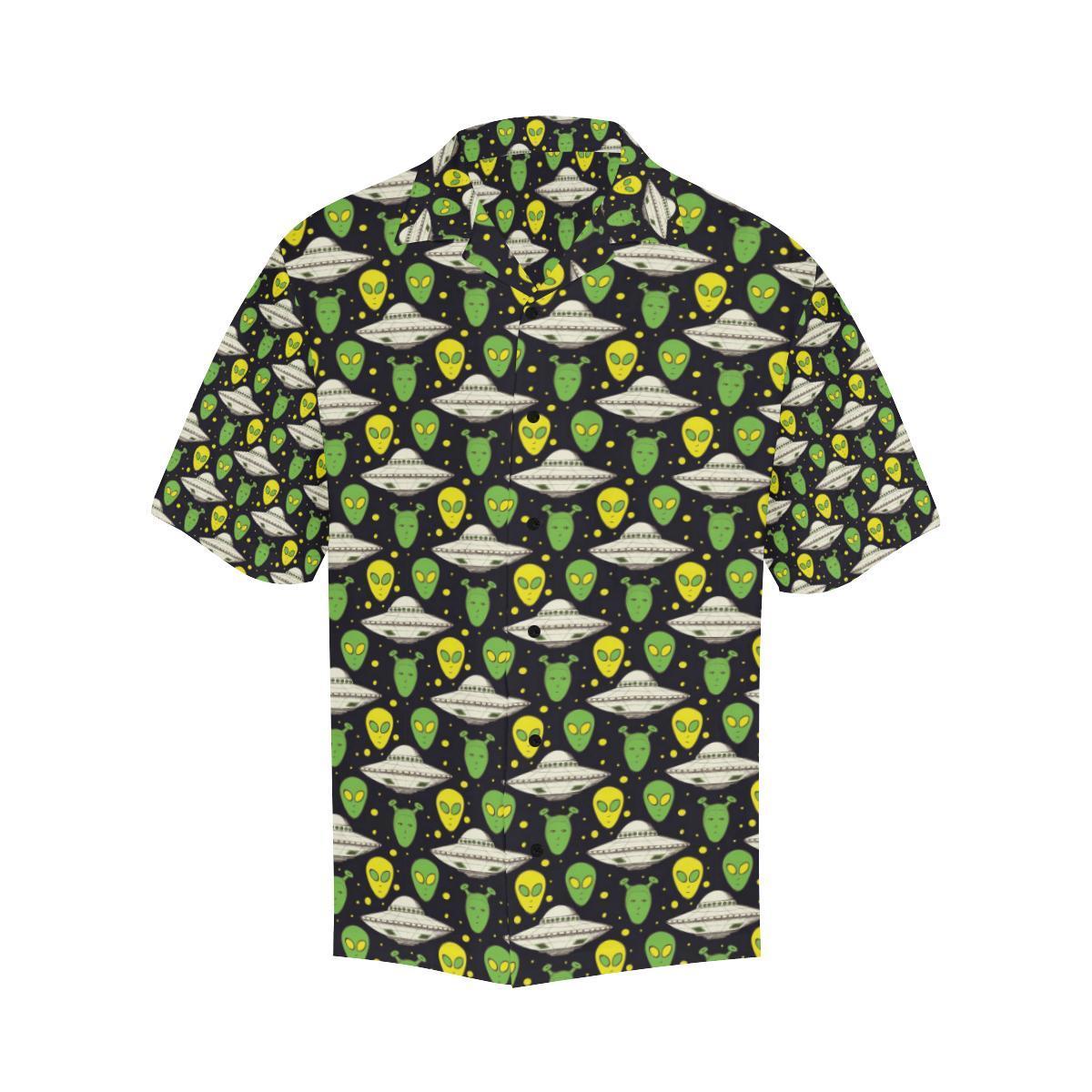 Ufo Hawaiian Shirt Green Yellow Aliens White Ufo Pattern Hawaii Aloha Shirt