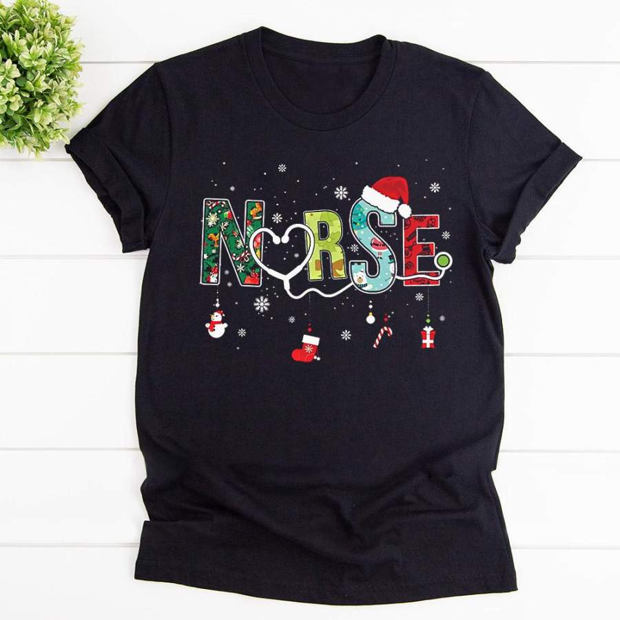 Nurse christmas stethoscope santa hat candy cane snowman black cotton t shirt for men and women S-6XL