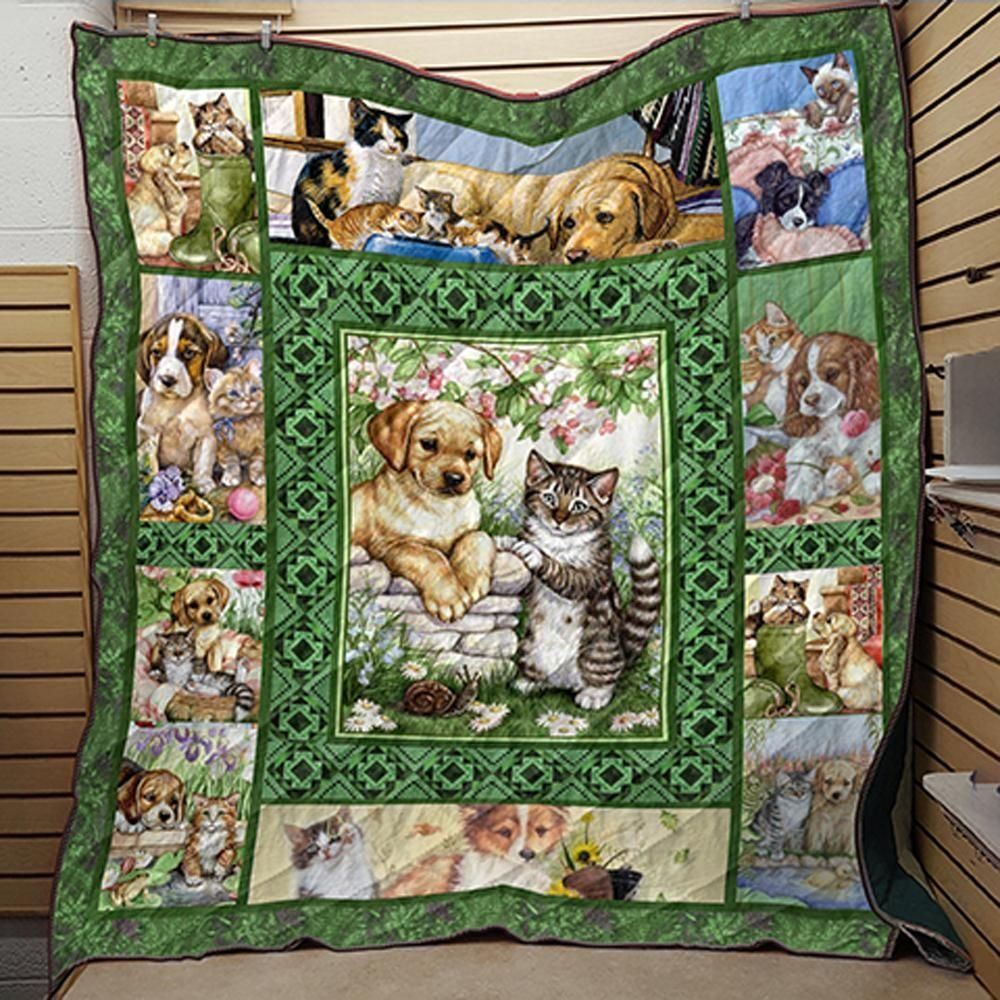 Dogs And Cat Puppy and Kitty Cat family Quilt Blanket