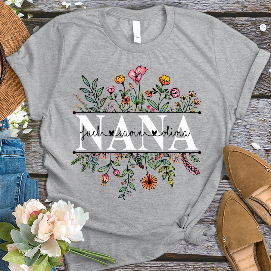 Grandma With Grandkids Watercolor Flower Personalized Mother Day T-Shirt