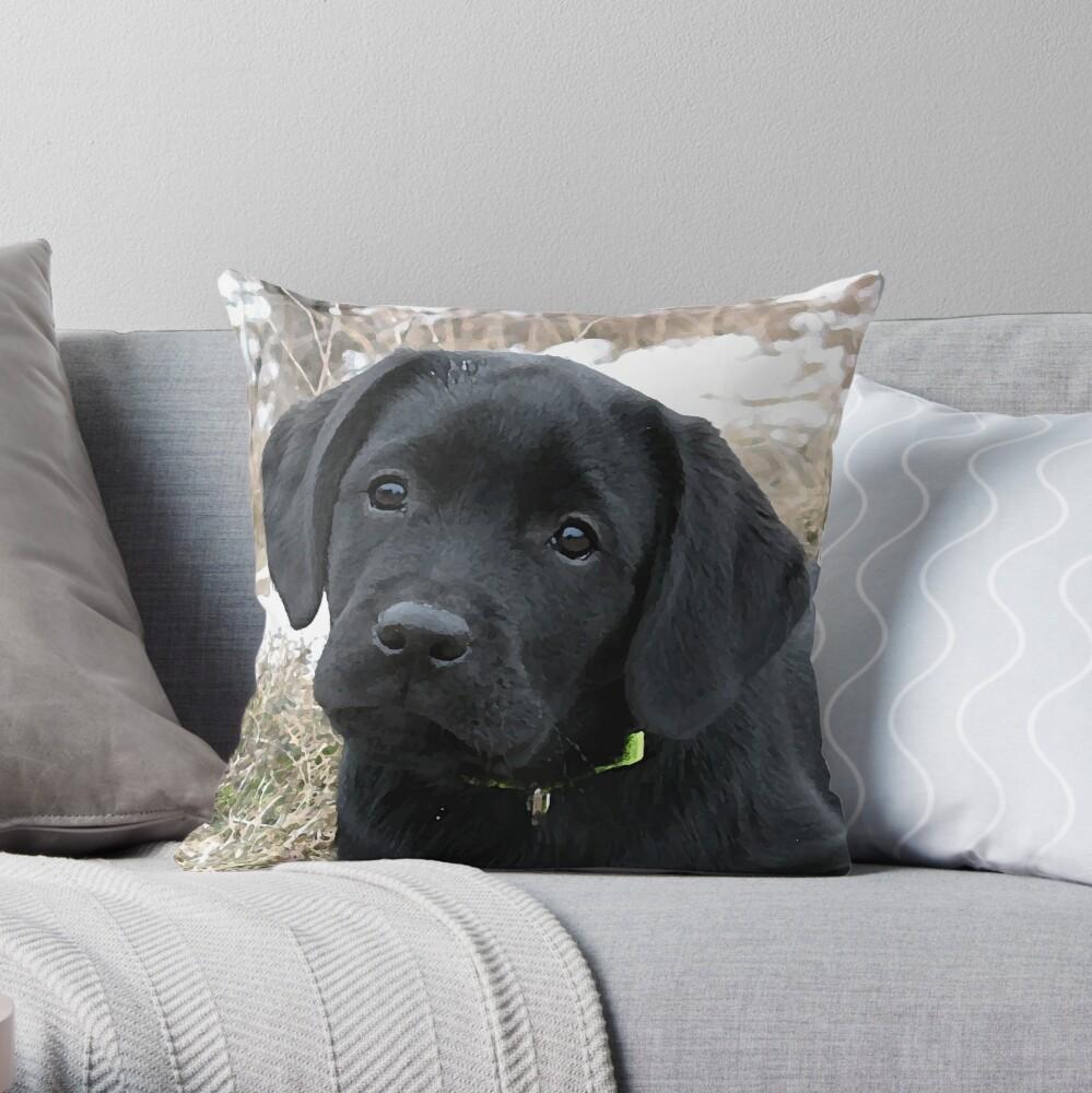 Awaiting Spring – Black Labrador Puppy Throw Pillow